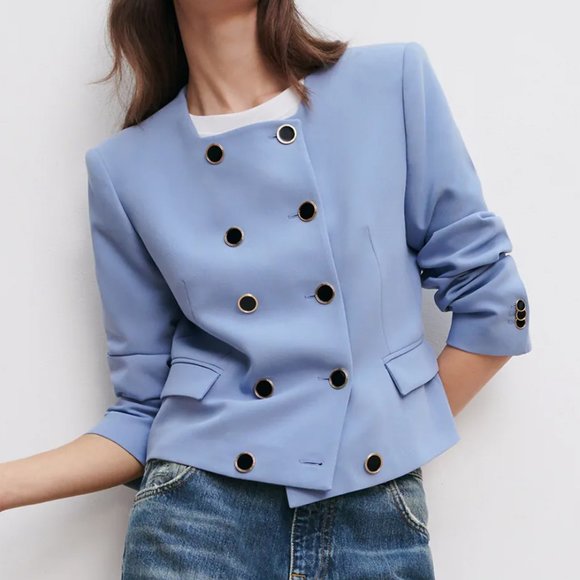NEW Zara Cropped Double Breasted Blazer Mid Blue S - Picture 11 of 11